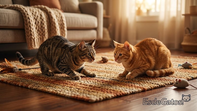 Dos gatos haciendo una pausa juguetona mientras juegan sobre la alfombra de un hogar cálido, agazapados y a punto de vol