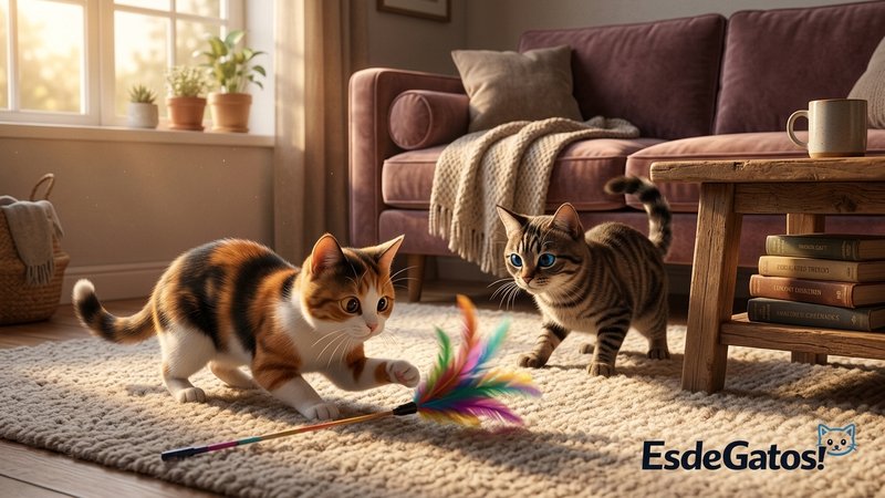 Dos gatos jugando animados con un juguete de plumas en el salón de una casa cálida, canalizando su energía en el juguete