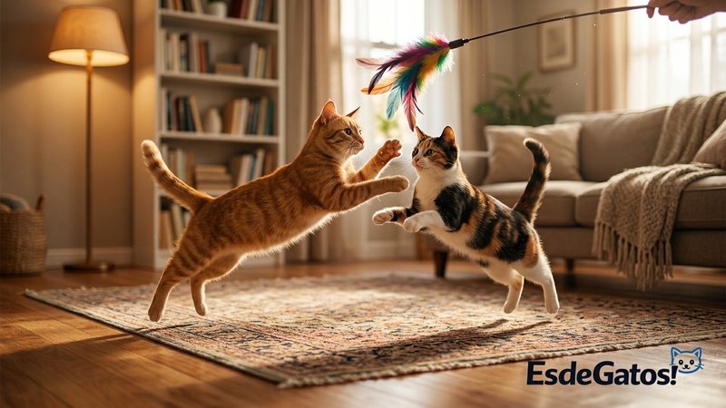 Dos gatos persiguiendo juntos una caña con plumas sobre el suelo de un salón acogedor, saltando juguetones a la vez tras