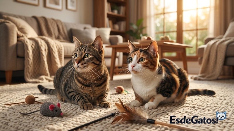 Dos gatos que interrumpen su juego y giran la cabeza atentos hacia un sonido, en el salón cálido de un hogar, expresión