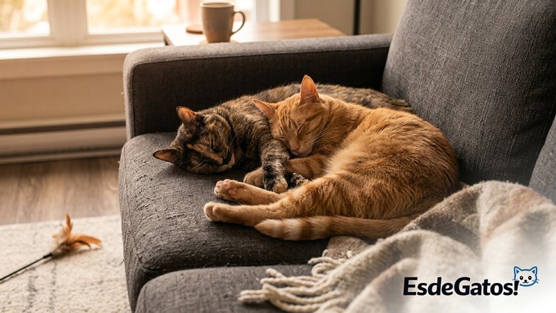 Dos gatos durmiendo acurrucados juntos tan tranquilos sobre un sofá después de jugar, en el ambiente cálido y acogedor d