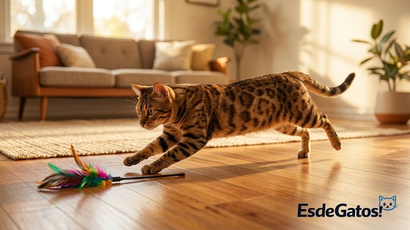 Un gato corriendo y estirándose a toda velocidad tras una caña con plumas por el suelo de un salón luminoso de hogar