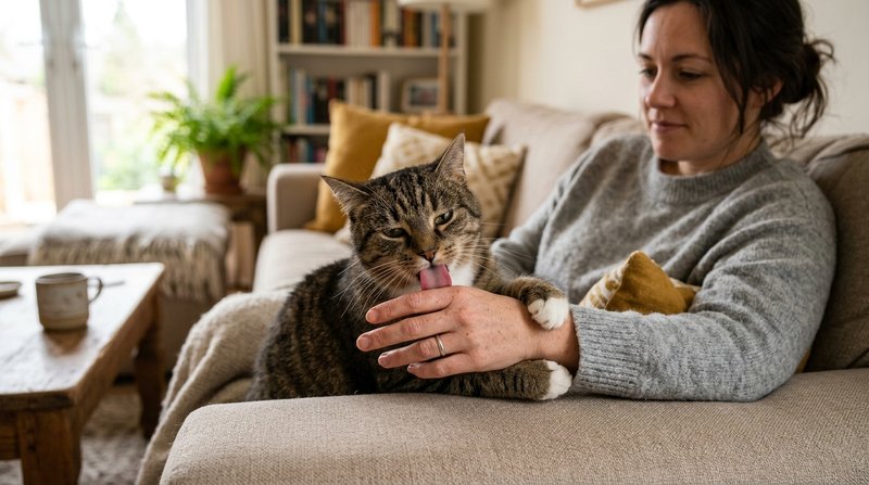 Un gato atigrado lamiendo con su lengua rosada la mano de su dueño sentado en un sofá, ambiente hogareño cálido y luz su