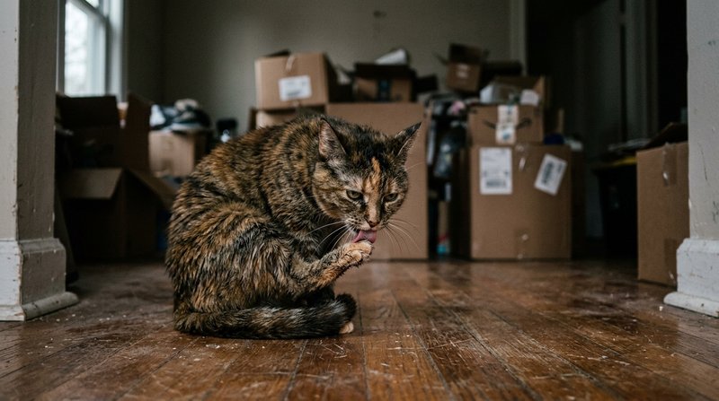 Un gato lamiéndose de forma insistente una pata sobre el suelo, con cajas de mudanza desenfocadas al fondo que sugieren
