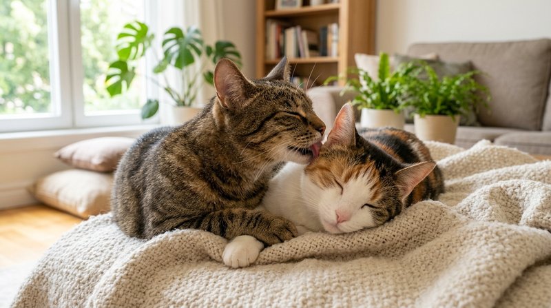 Dos gatos acicalándose mutuamente, uno lamiendo con cuidado la cabeza del otro sobre una manta suave en un salón luminos