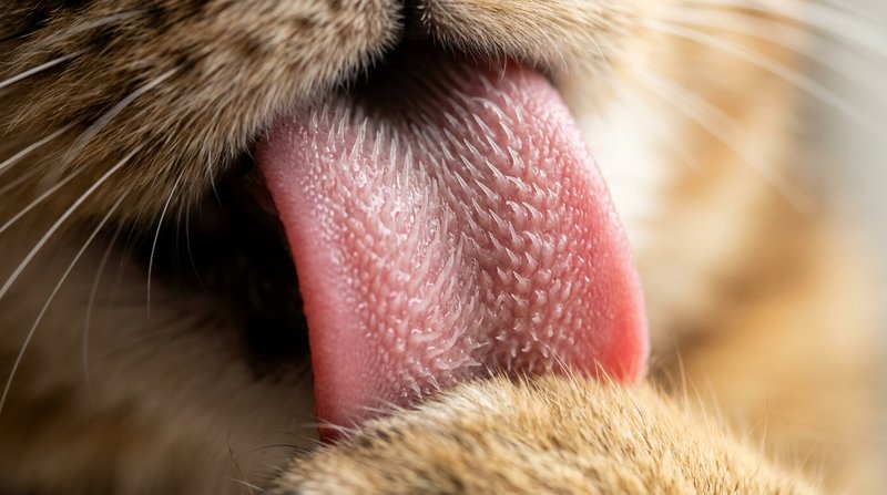 Un primerísimo plano de la lengua de un gato mostrando en detalle las diminutas papilas rasposas de queratina, textura n
