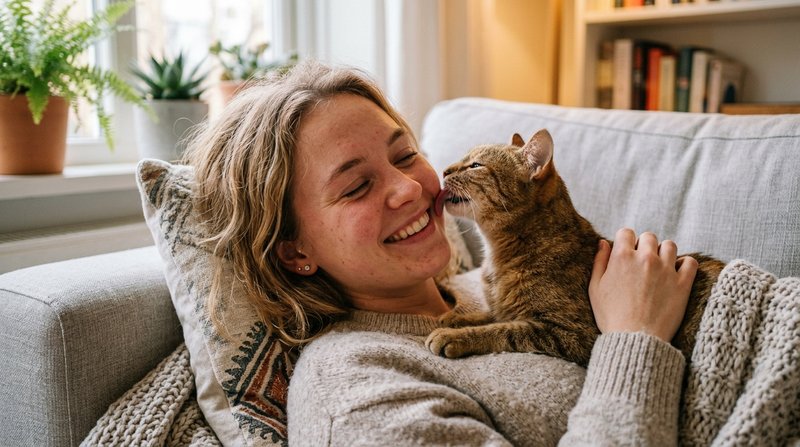 Un gato lamiendo con cariño la mejilla de una mujer joven recostada en el sofá, ambiente doméstico cálido y sereno, expr