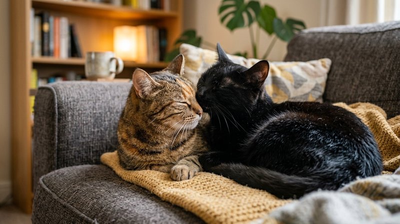 Dos gatos frotándose la cara y oliéndose muy juntos sobre un sillón, mezclando sus olores en un gesto de complicidad, lu