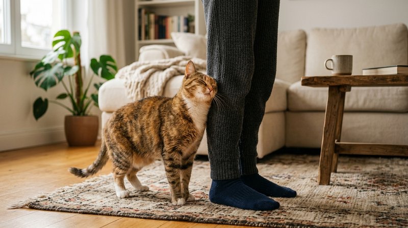 Un gato frotando la cabeza contra la pierna de su dueño en el salón de casa, marcando su olor con cariño, luz natural su