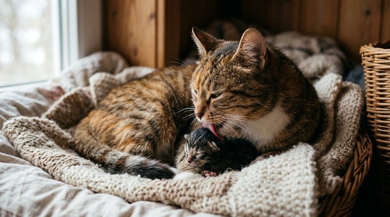 Una gata madre lamiendo con delicadeza a su gatito recién nacido en un rincón acogedor y cálido, escena tierna y protect