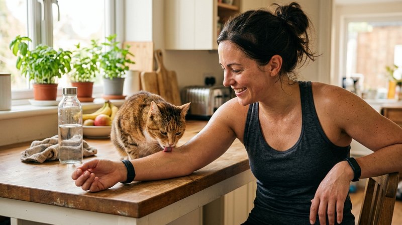 Un gato lamiendo el antebrazo de una persona en una cocina luminosa tras hacer ejercicio, atraído por el sabor salado de