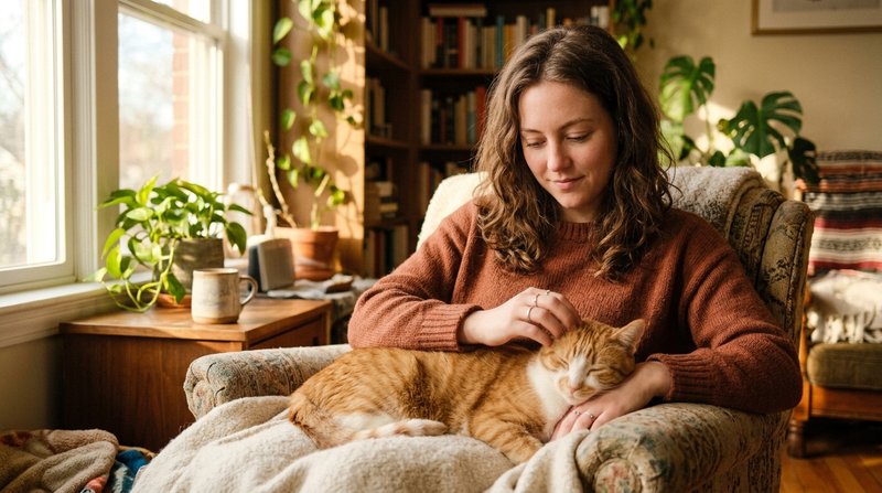 Una persona acariciando con suavidad a su gato mientras le dedica un parpadeo lento, momento de vínculo y calma en un sa