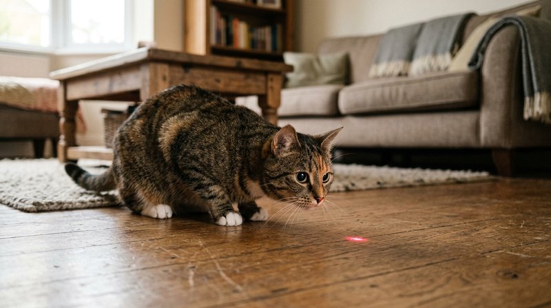 Un gato atigrado agazapado contra el suelo de madera de un salón, con las pupilas muy dilatadas y el cuerpo tenso, sigui