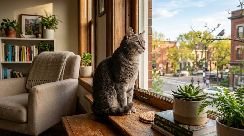 Un gato gris sentado junto a la ventana de un departamento, con la mirada fija en el exterior y las orejas hacia delante