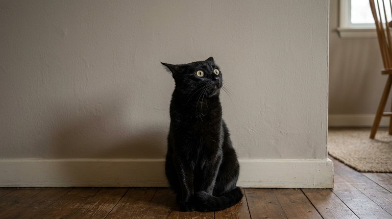 Un gato negro sentado frente a una pared vacía del salón, mirando hacia arriba con expresión de desconcierto y las oreja