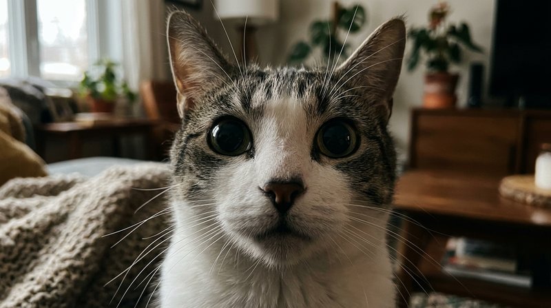 Un primer plano del rostro de un gato blanco y gris con las pupilas enormemente dilatadas en la penumbra de una sala, de