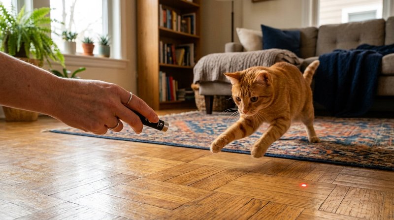 La mano de una persona sosteniendo un pequeño puntero y dirigiendo el haz hacia el suelo del salón, mientras un gato nar