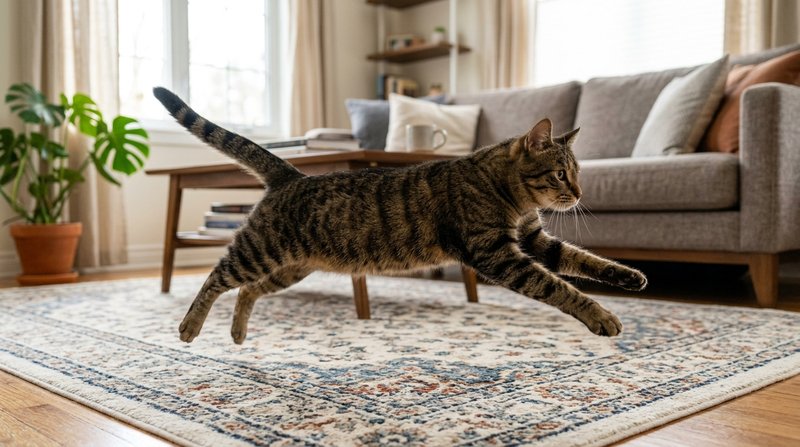 Un gato atigrado en pleno salto sobre la alfombra de un salón, con las patas extendidas y el cuerpo estirado en plena ca