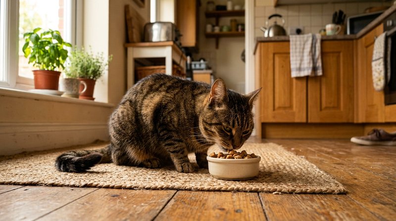 Un gato marrón comiendo unos premios de un cuenco pequeño en el suelo de una cocina hogareña, con gesto satisfecho y rel