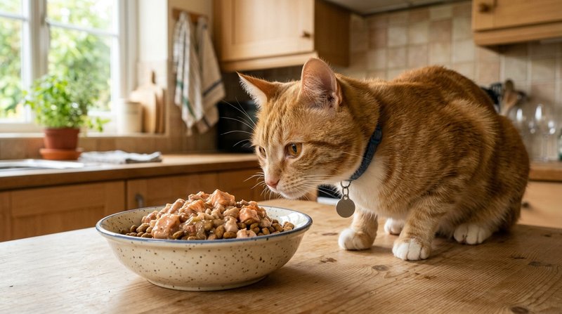 Un cuenco lleno de pienso de calidad junto a un gato saludable a punto de comer en una cocina hogareña cálida, luz natur