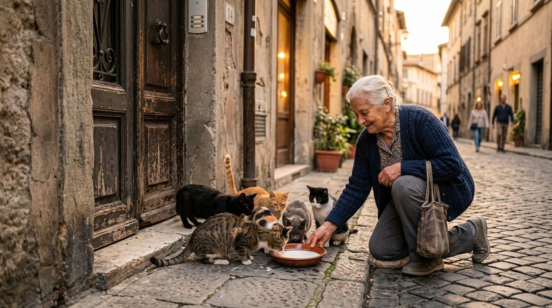 Una señora mayor amable dejando un plato con leche para varios gatos callejeros junto a un portal al atardecer, luz dora
