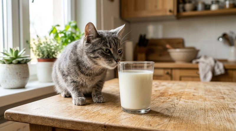 Un vaso de leche de vaca sobre una mesa de cocina luminosa junto a un gato gris curioso que lo olfatea de cerca, luz nat