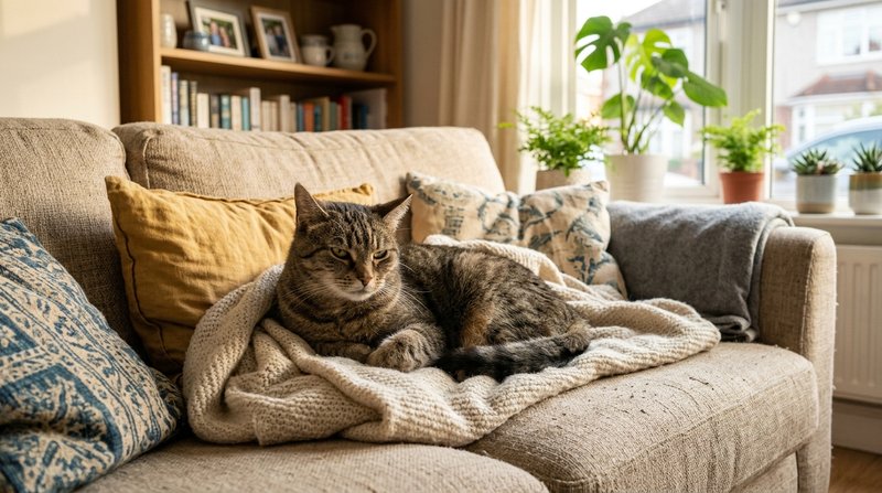 Un gato de aspecto apagado y algo molesto recostado sobre un sofá en un salón cálido y luminoso, luz suave de tarde, man