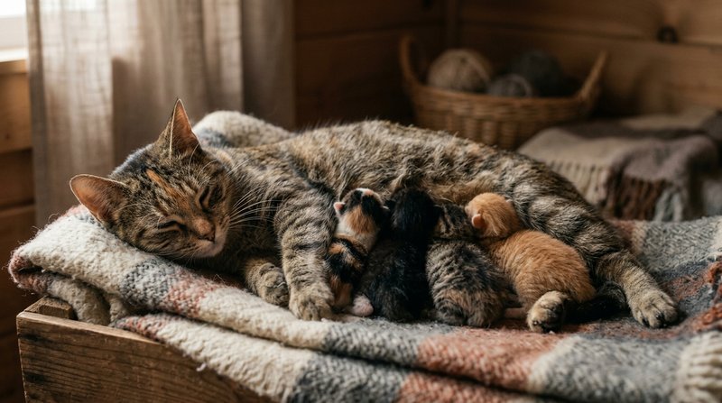 Una gata acostada sobre una manta suave amamantando a su camada de gatitos recién nacidos en un rincón cálido y acogedor