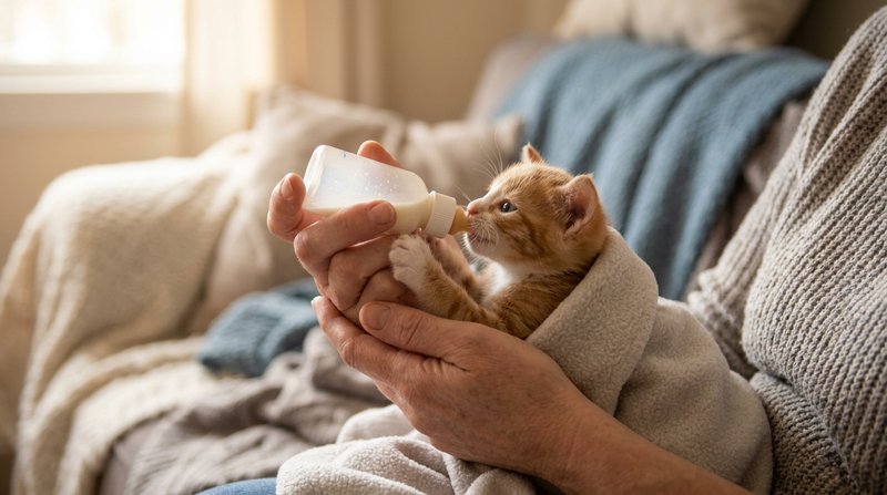 Unas manos sosteniendo con cuidado a un gatito huérfano diminuto mientras lo alimentan con un pequeño biberón, ambiente