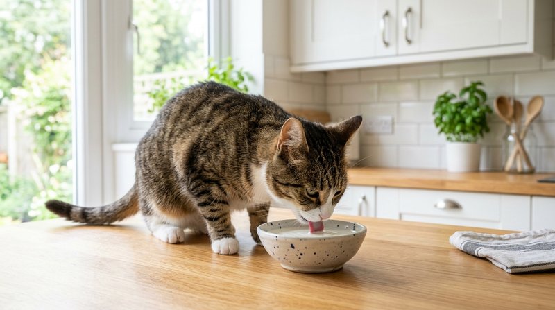 Un gato adulto sano bebiendo un poco de leche de un cuenco pequeño en una cocina luminosa y ordenada, luz natural suave,