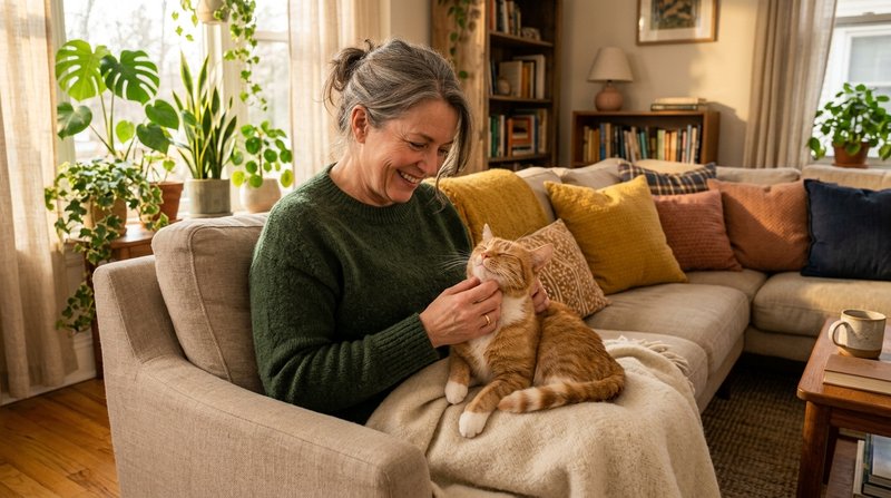 Una persona acariciando y premiando con dulzura a un gato contento en un salón cálido y acogedor, luz dorada de tarde, c