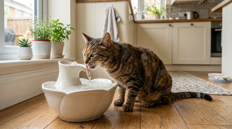 Un gato bebiendo agua fresca de una fuente para gatos con agua en movimiento sobre el suelo de una cocina luminosa, luz