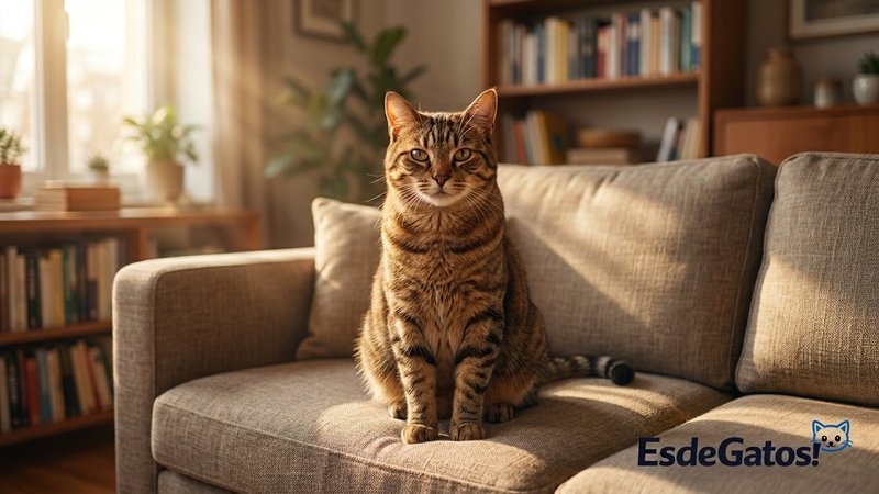 Un gato macho maullando con la boca abierta sobre el alféizar de una ventana de casa, actitud vocal y expresiva, luz cál