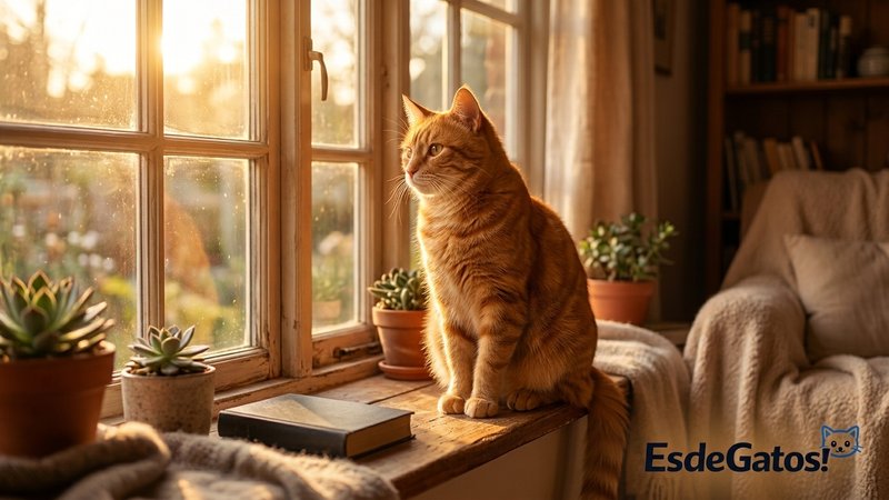 Un gato macho de pelaje naranja atigrado sentado junto a la ventana de una sala hogareña, luz dorada realzando su pelaje