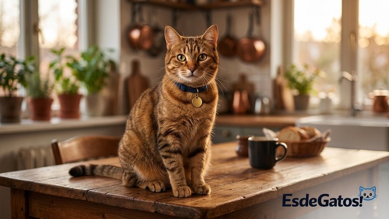 Un gato macho con collar y placa identificativa sentado sobre la mesa de la cocina de casa, mirando con curiosidad, ambi