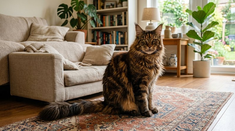 Un gato Maine Coon adulto enorme de pelaje largo atigrado marrón, con mechones en las orejas y cola muy frondosa, sentad