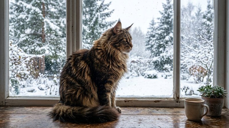 Un gato Maine Coon de pelaje largo y espeso, collar de pelo marcado en el cuello y pinceles en las orejas, sentado en el