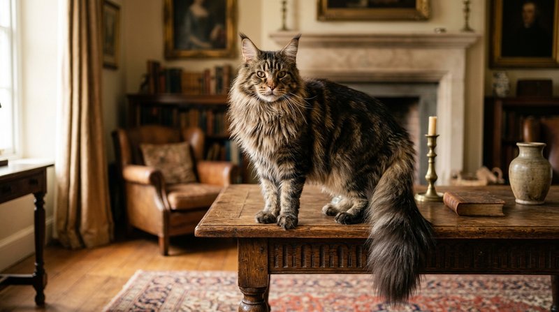 Un gato Maine Coon majestuoso posando erguido sobre una mesa de madera de un salón antiguo, melena del cuello imponente,