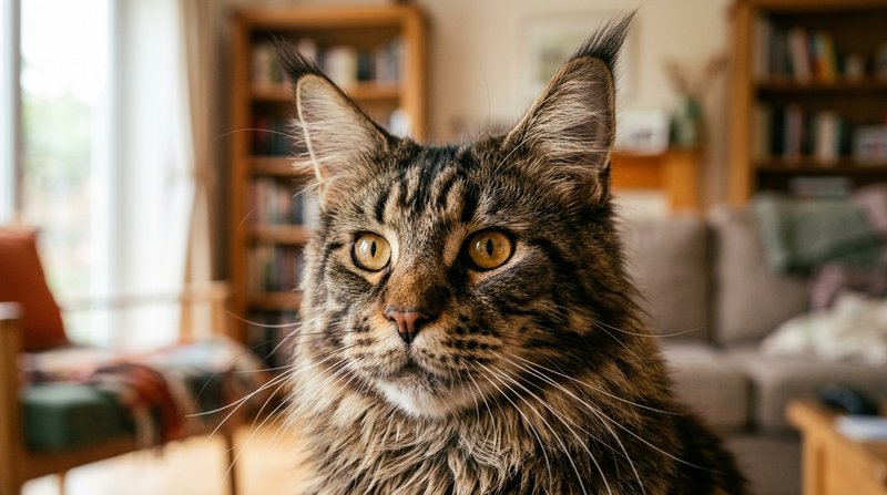 Un primer plano de la cabeza de un gato Maine Coon, hocico cuadrado, ojos grandes de color ámbar y orejas anchas rematad