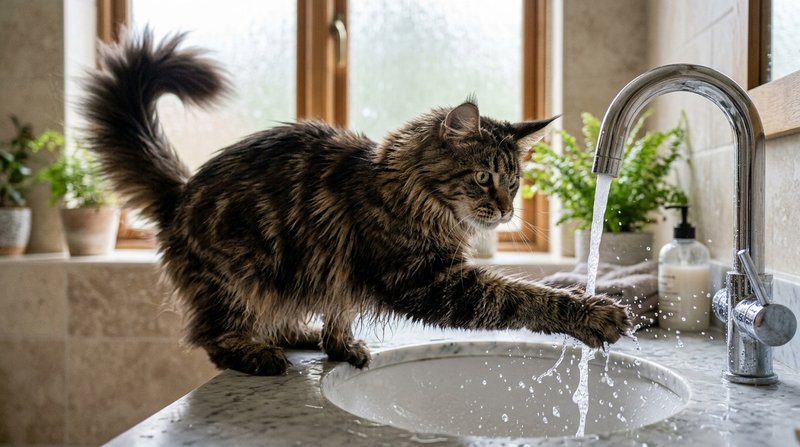 Un gato Maine Coon grande de pelaje largo metiendo la pata bajo el chorro del grifo de un lavabo de baño, gotas suspendi