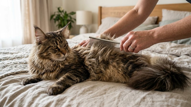 Unas manos peinando con un peine metálico de púas largas el costado de un gato Maine Coon enorme tumbado en una cama, pe