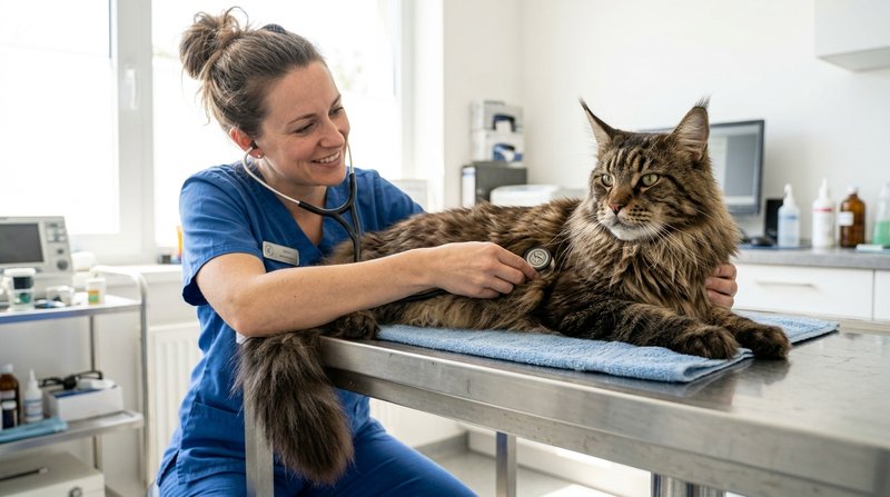 Un gato Maine Coon adulto de pelaje largo tumbado tranquilo sobre una mesa mientras una veterinaria lo ausculta con un e