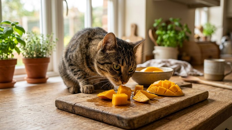 Un gato atigrado curioso mirando de cerca unos trozos de mango maduro sobre una tabla de madera en una cocina cálida y l