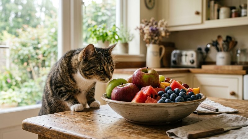 Un cuenco con frutas variadas como manzana, sandía y arándanos sobre una mesa de madera, con un gato observando de cerca