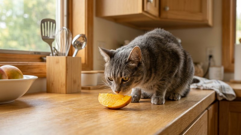 Un gato gris subido a la encimera olfateando con cautela un trozo de mango recién cortado, luz dorada de mañana, muebles