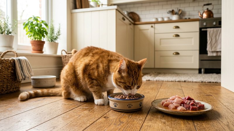 Un gato naranja comiendo de su cuenco de comida sobre el suelo de una cocina luminosa, con un plato de carne fresca al l