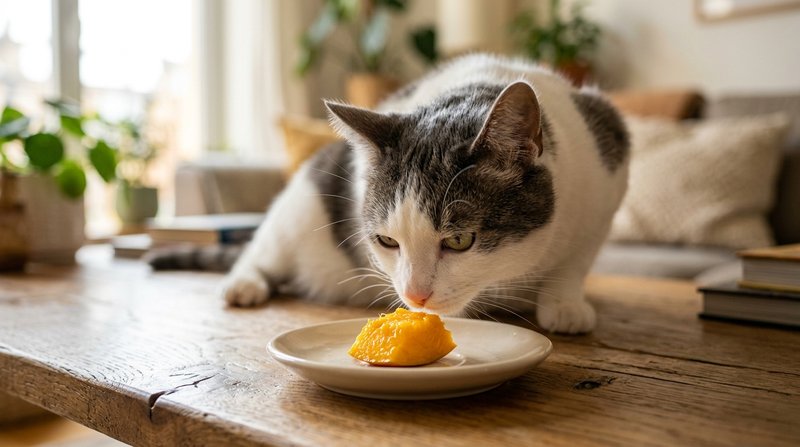 Un primer plano de un gato blanco y gris oliendo con expresión indiferente un pequeño trozo de mango en un platito, sobr