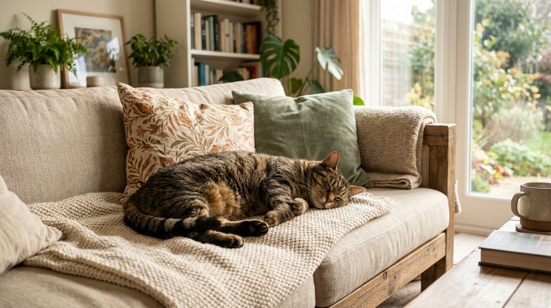 Un gato rechoncho de pelaje atigrado descansando plácidamente sobre un sofá en un salón cálido y luminoso, luz suave de
