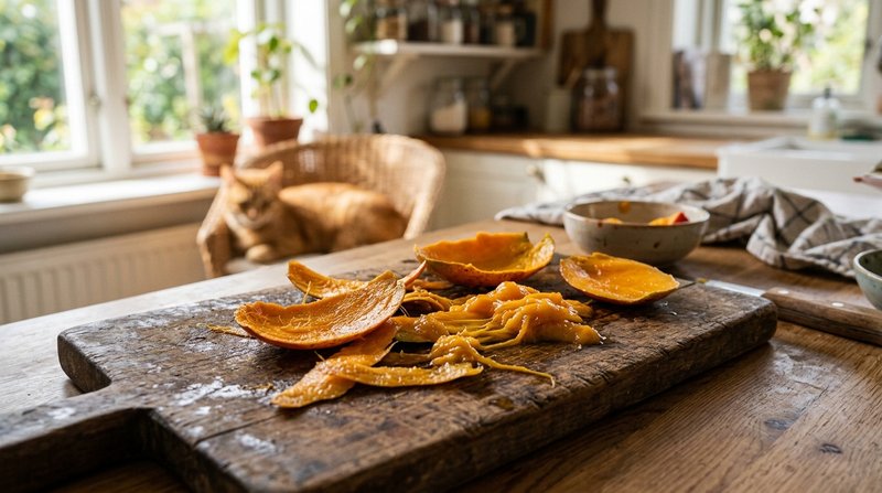 Cáscaras y pulpa de mango sobre una tabla de madera rústica, con un gato observando desenfocado al fondo en una cocina l