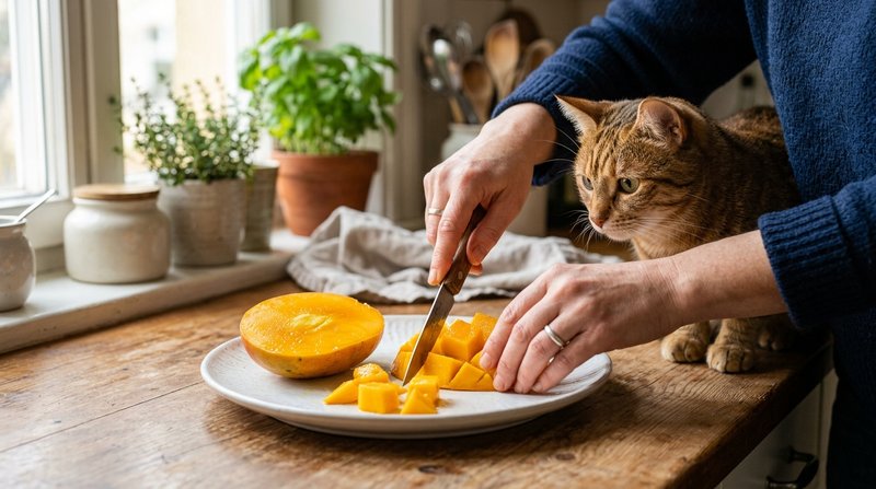 Unas manos cortando un pequeño trozo de mango maduro y pelado sobre un plato blanco, con un gato atento observando muy d